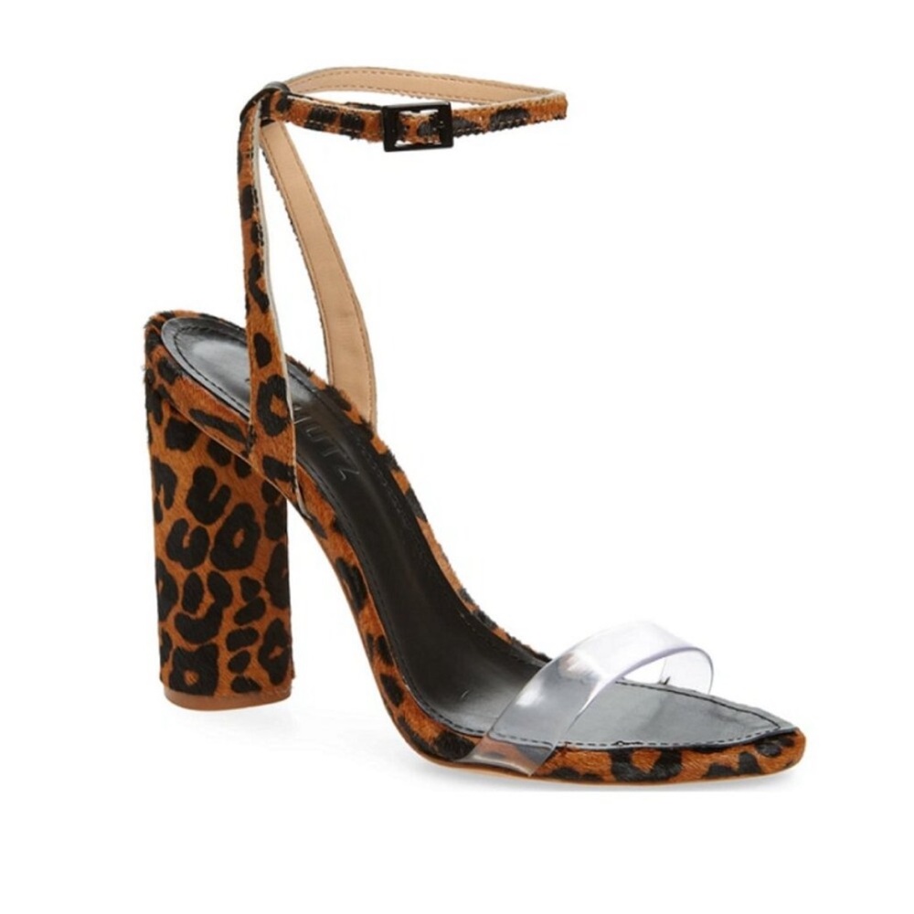 SCHUTZ Elentina Leopard Print Block Heel Sandals with Clear Front Strap